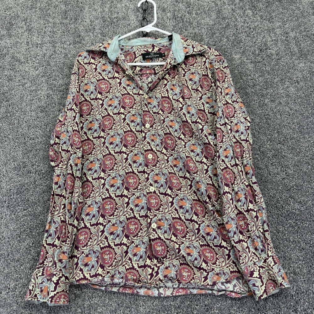 Bugatchi Shirt Mens Medium Multicolor Paisley Long Sleeve Button Up Casual Trim